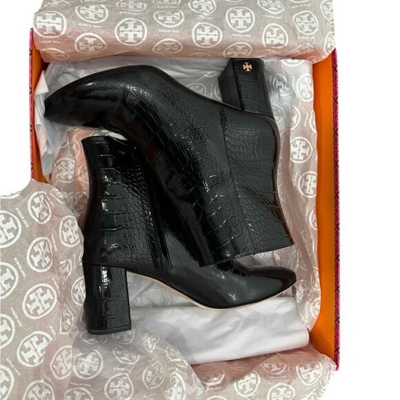 Tory Burch Brooke 70 MM Booties Croc Embosssed Black Ankle Boots - Picture 4 of 15
